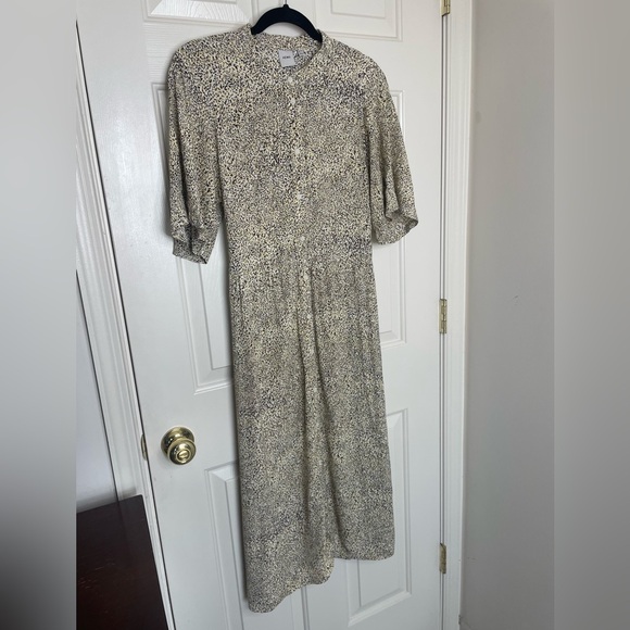 ICHI Puff Sleeve Button Front animal Print Midi Dress Black yellow | 38/M - Picture 2 of 13